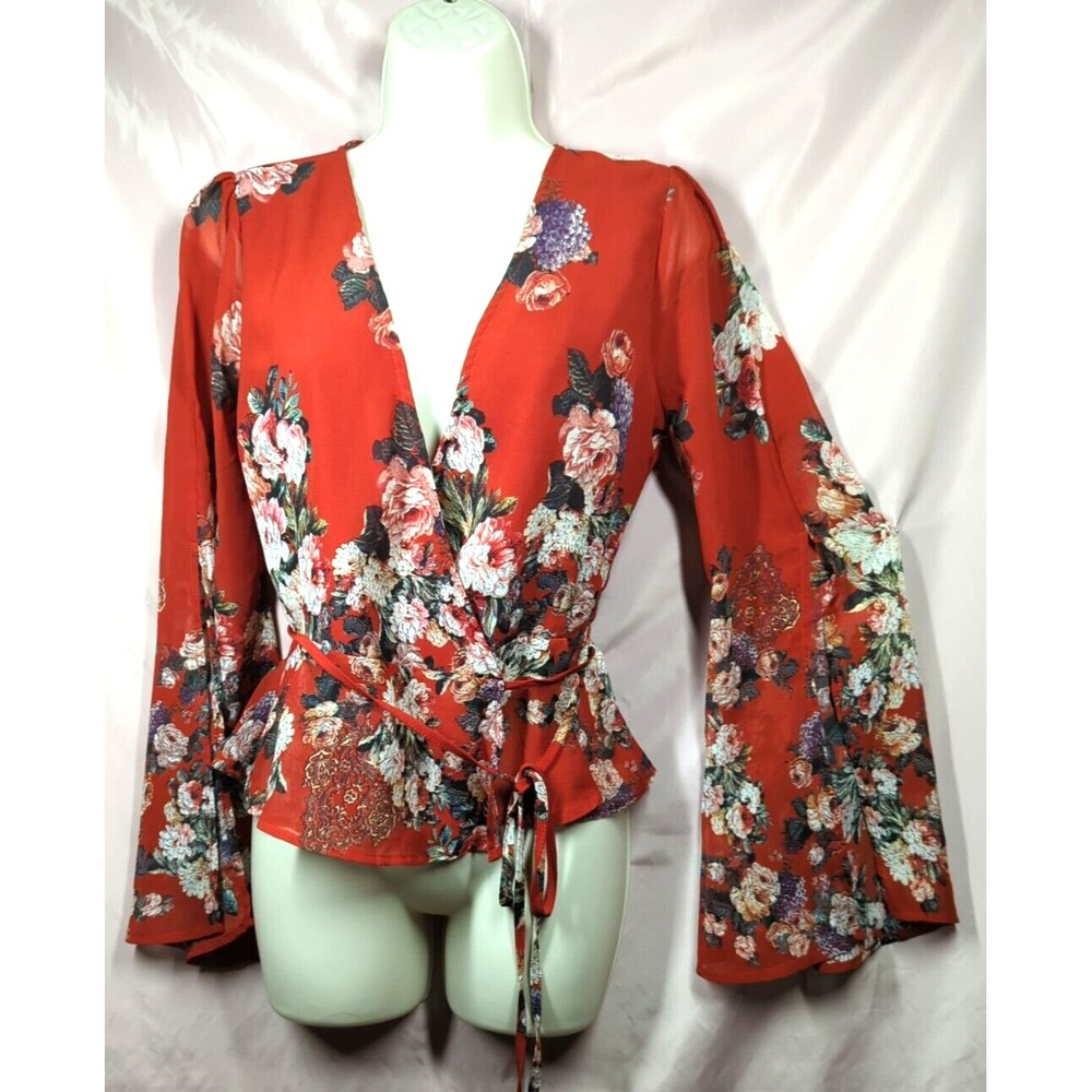 re:named Chiffon Blouse NWT SZ S Slit Lg Bishop Sleeve Red Floral Fairy Inspired